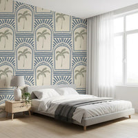 Linen-grounded Bedroom with slate blue archway wallpaper, sage palm trees inside.