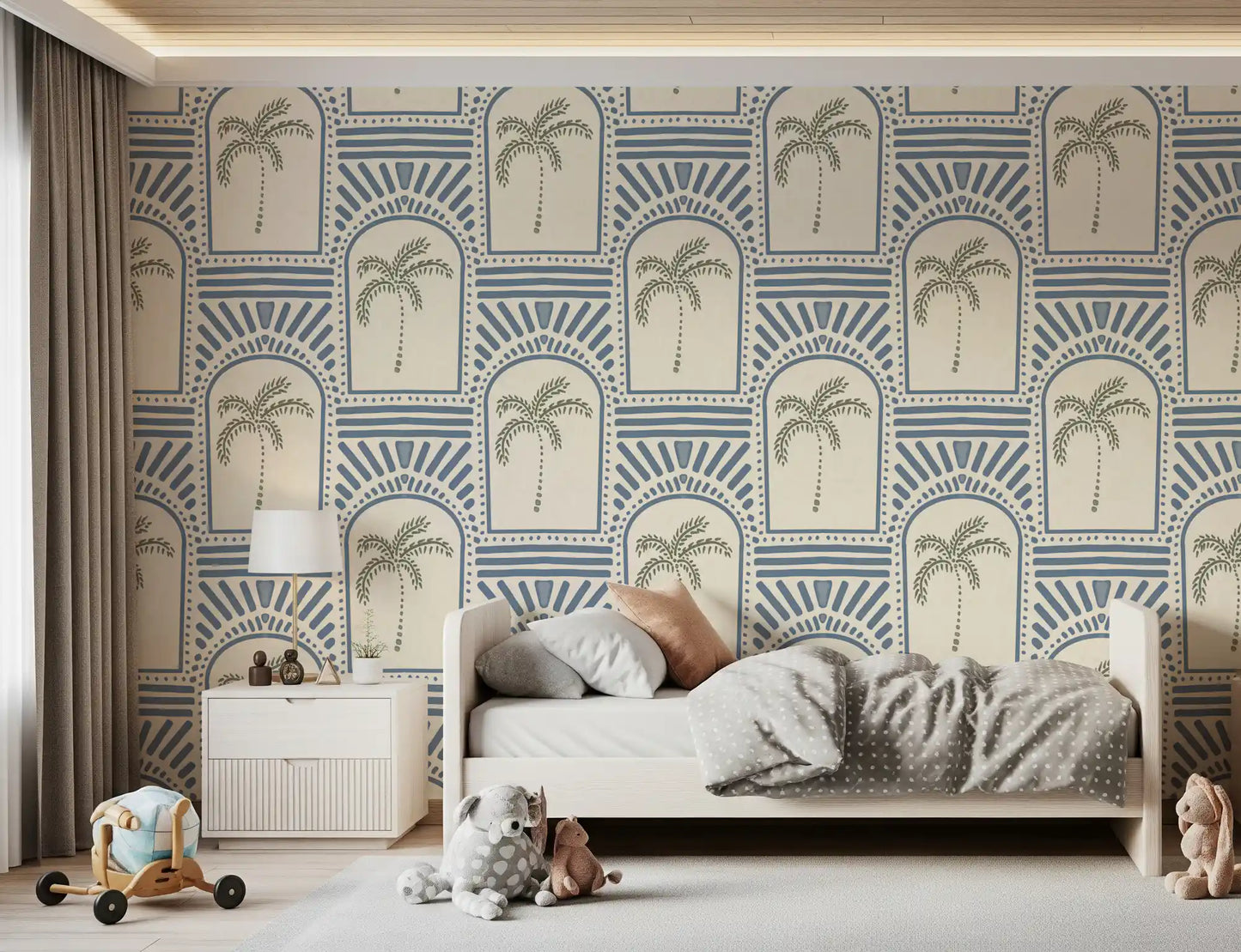 Multi-element wallpaper in slate blue: arches, rays, dots, stripes, sage palms inside.