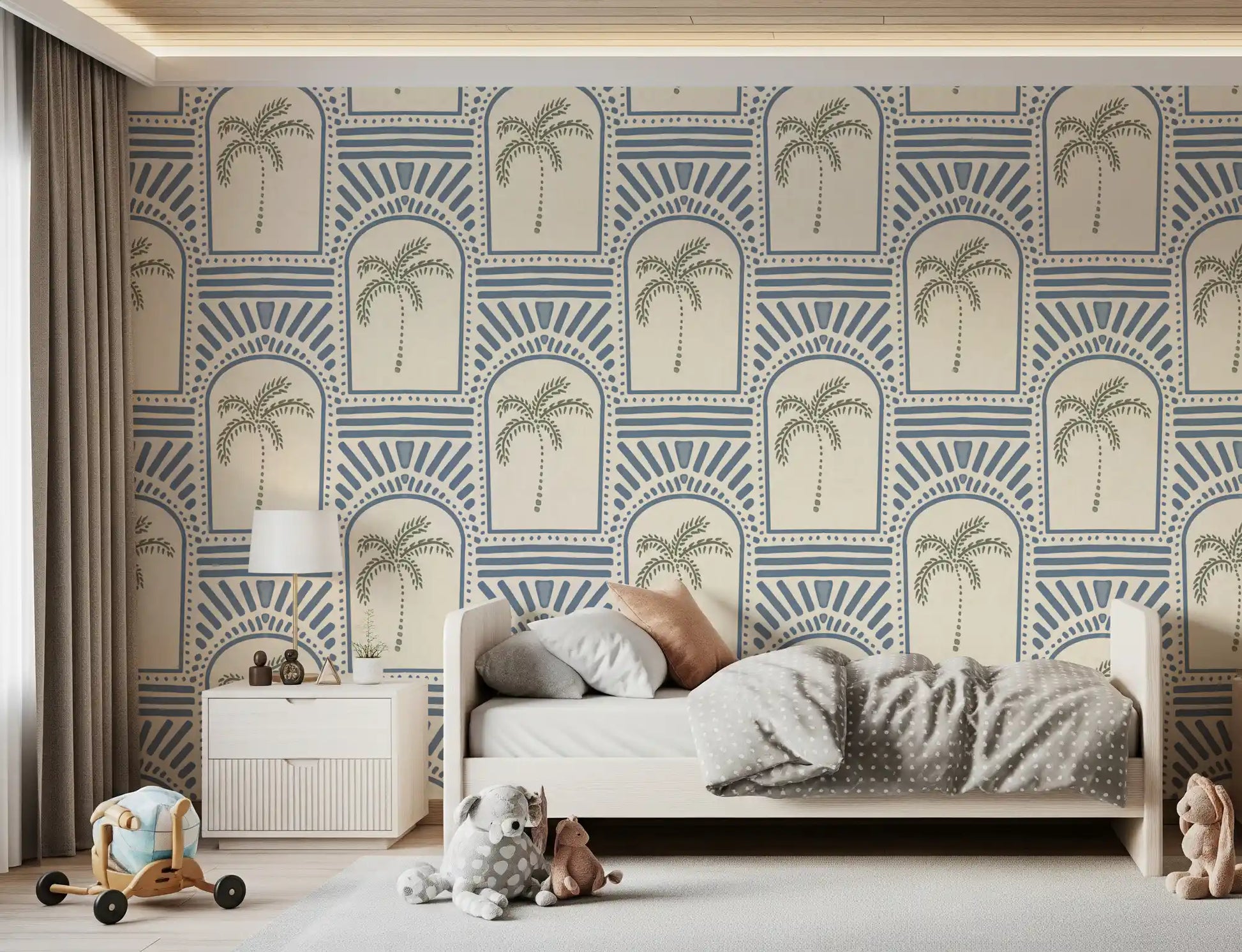 Multi-element wallpaper in slate blue: arches, rays, dots, stripes, sage palms inside.