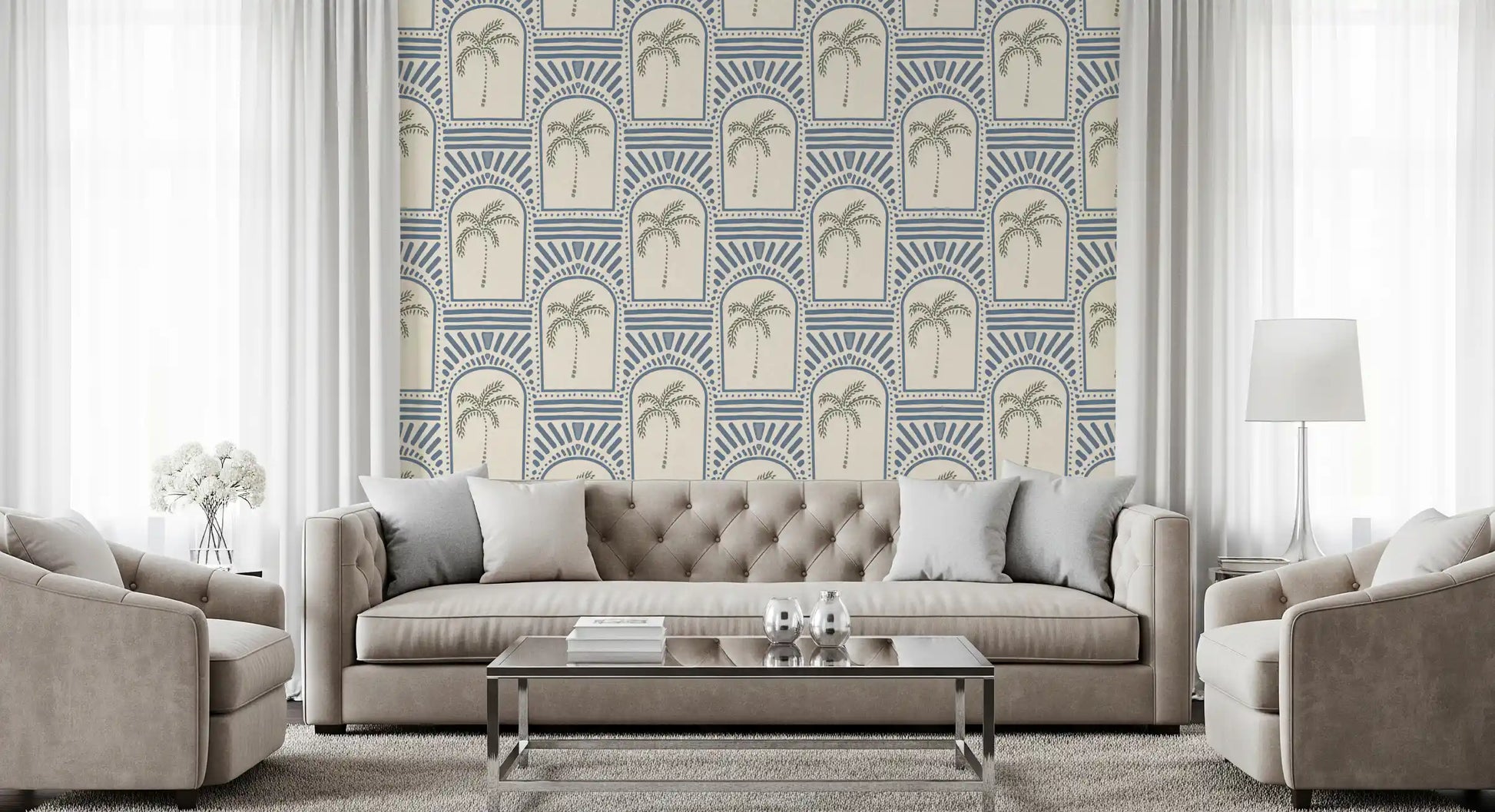 Single-colour slate blue Deco palm wallpaper, sage palms in arches with rays above each.