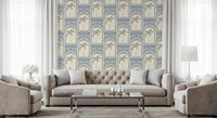 Single-colour slate blue Deco palm wallpaper, sage palms in arches with rays above each.