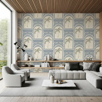 Roomy lounge view with slate blue archway wallpaper, sage palm trees inside arches.