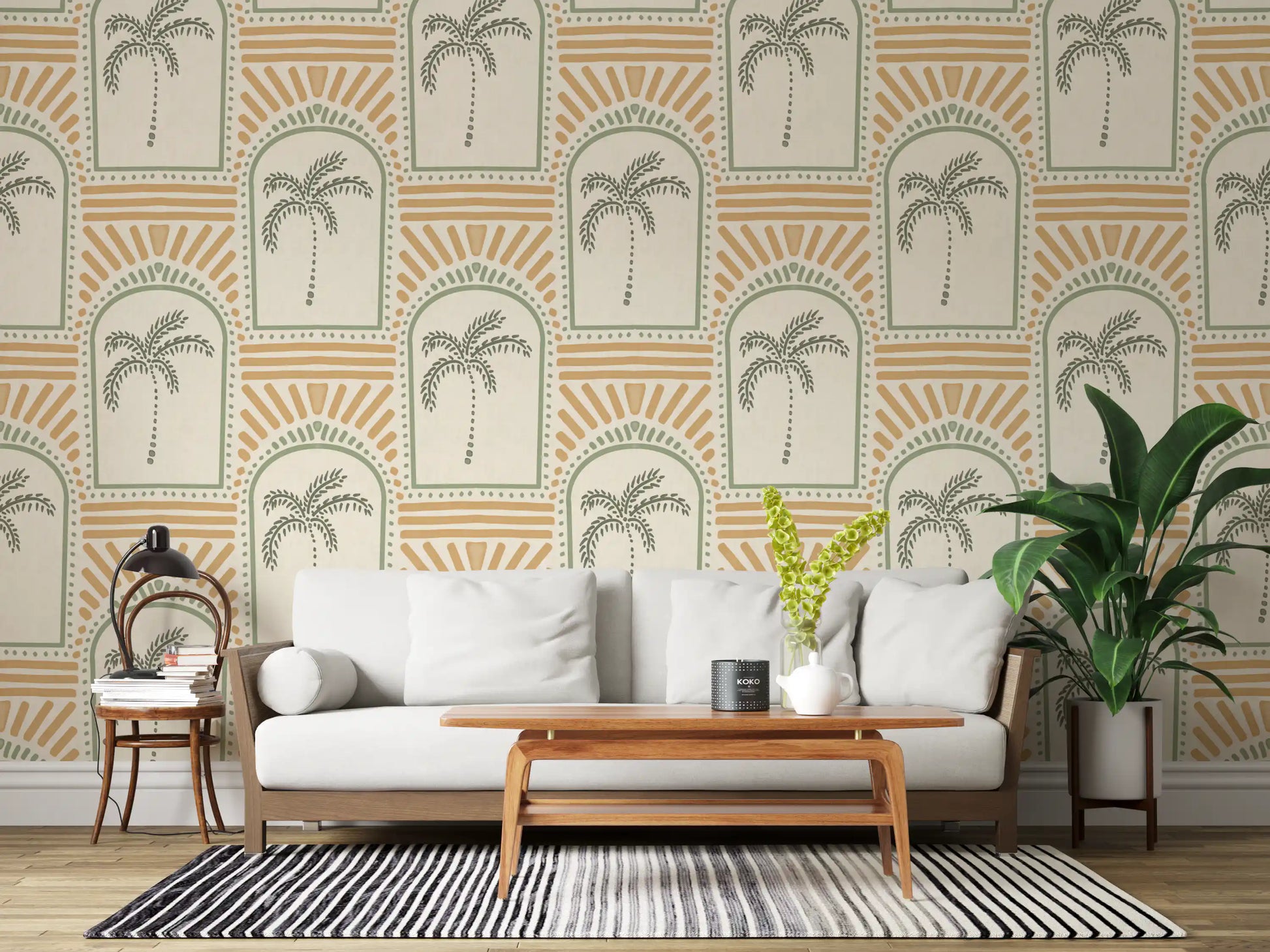 Tranquil lounge corner with sage archway wallpaper, sand rays and palm centres inside., GD9657