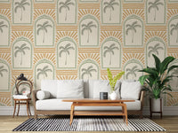 Tranquil lounge corner with sage archway wallpaper, sand rays and palm centres inside., GD9657