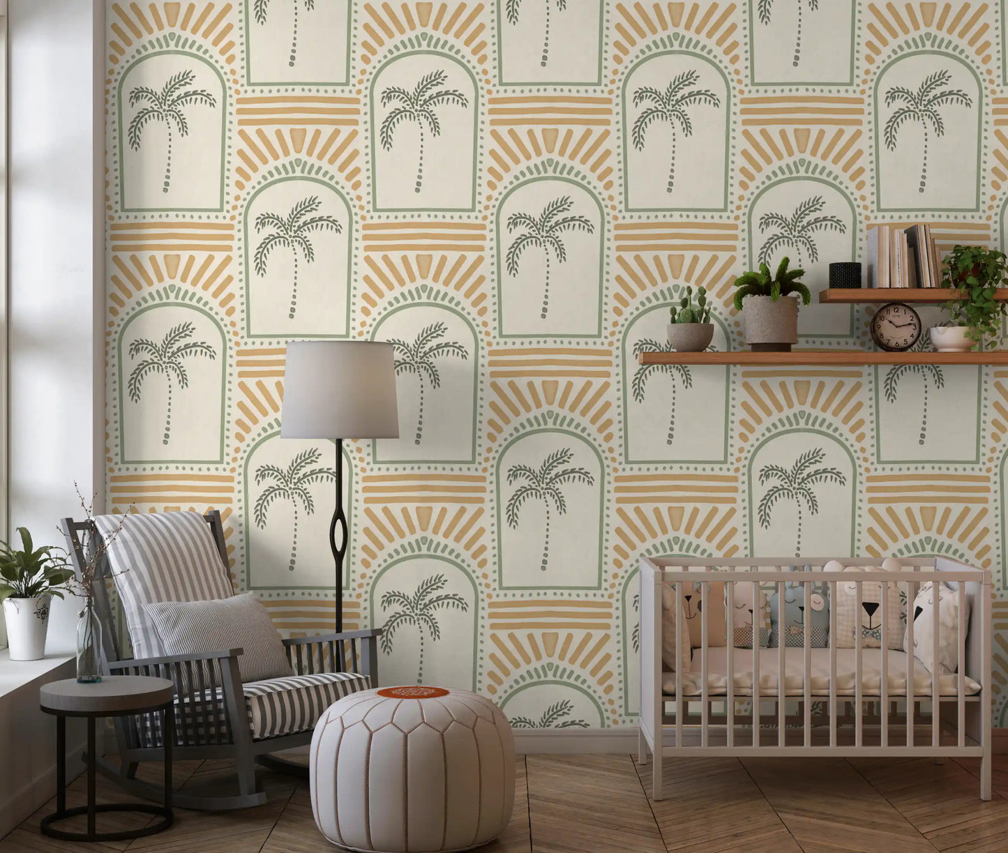 Sage-arch wallpaper trimming a Nursery scene with palm centres and warm sand rays., GD9657