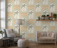 Sage-arch wallpaper trimming a Nursery scene with palm centres and warm sand rays., GD9657