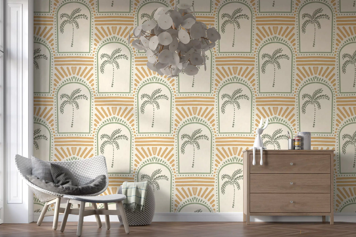 Sage arch outlines around palm trees, sand sunburst rays above on this Deco wallpaper., GD9657