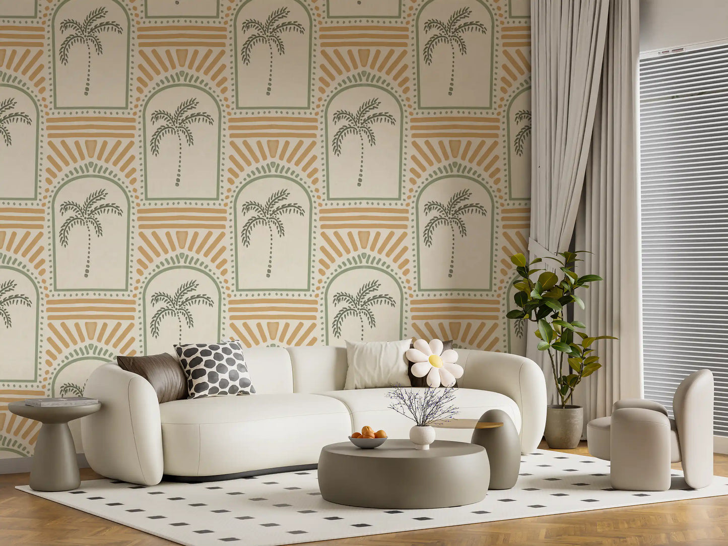 Living room feature with coastal green archway wallpaper, sand rays and sage palms., GD9657