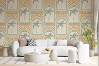Tall living room with green archway wallpaper, palm centres and warm sand sunburst rays., GD9657