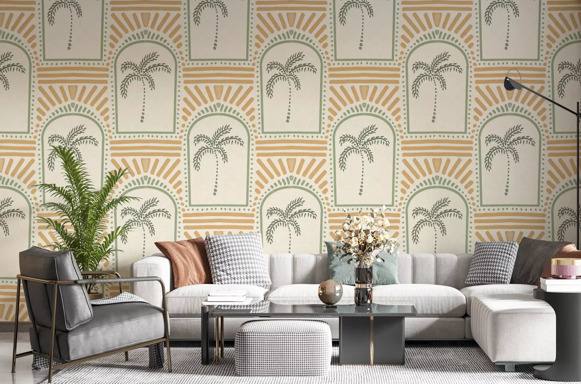 Sage archway wallpaper unfolding across a living room with palm centres and sand rays., GD9657