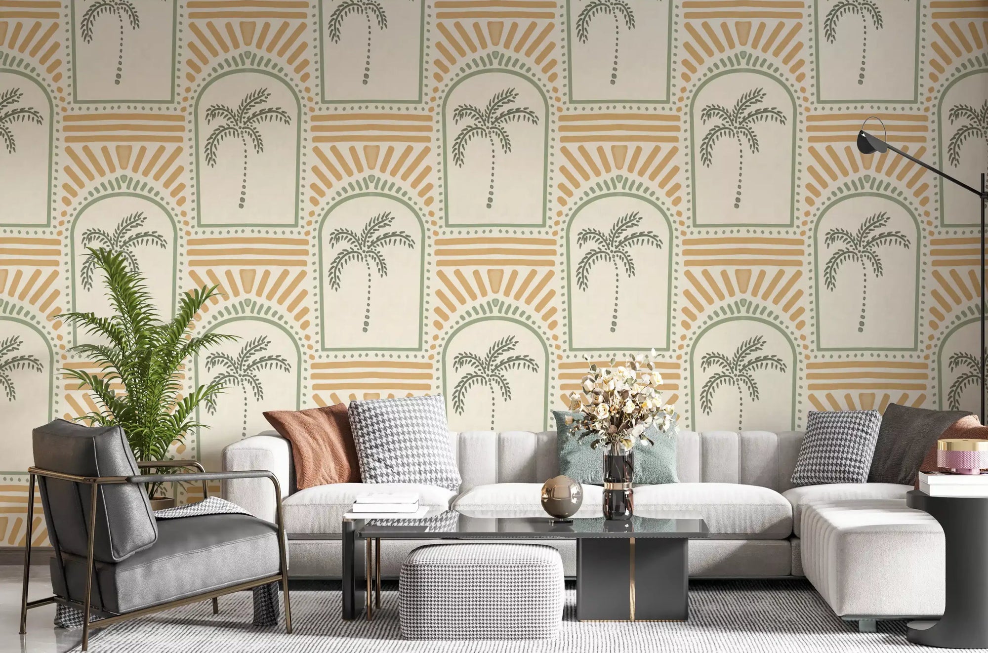 Sage archway wallpaper unfolding across a living room with palm centres and sand rays., GD9657
