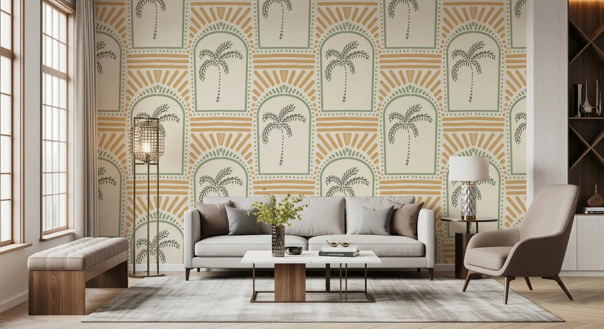 Sand sunburst rays open above sage arches with palm centres on this Deco wallpaper., GD9657