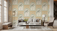 Sand sunburst rays open above sage arches with palm centres on this Deco wallpaper., GD9657
