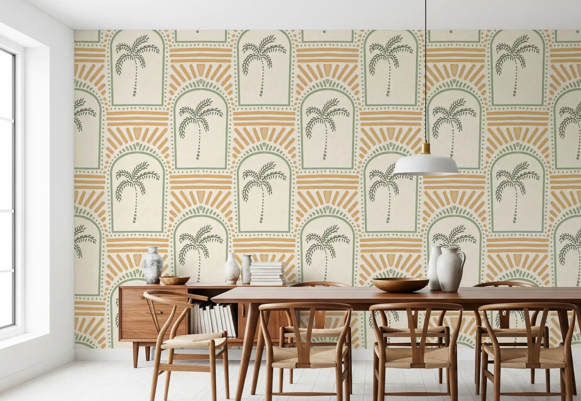 Honey rays fan above sage arches with palm trees inside on this Deco wallpaper., GD9657