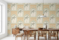 Honey rays fan above sage arches with palm trees inside on this Deco wallpaper., GD9657