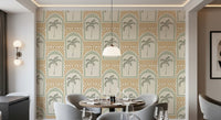 Gentle Deco palm wallpaper, sage arches with palm trees and sand rays radiating above., GD9657
