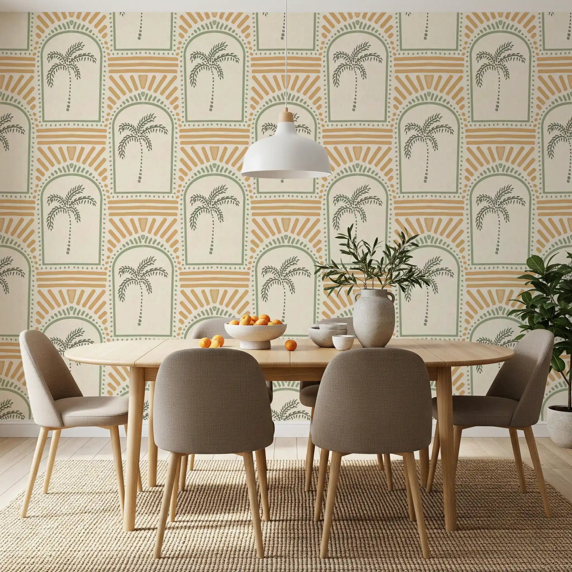 Coastal-leaning Dining room with sage archway wallpaper, palm centres and sand rays., GD9657