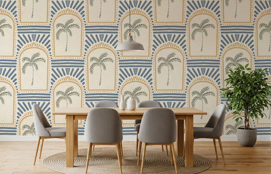 Open dining room with sand archway wallpaper, sage palms, slate blue rays inside arches.