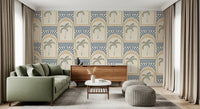 Earthy archway wallpaper sketching a Living view with sage palms and slate blue rays., GD9658