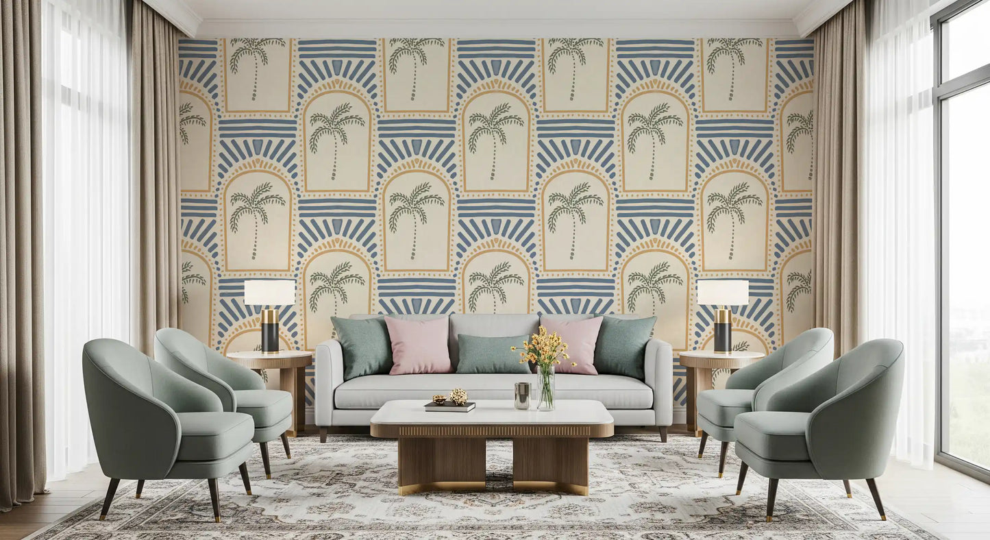 Sand arch outlines circle each sage palm on this Deco wallpaper, slate blue rays above., GD9658