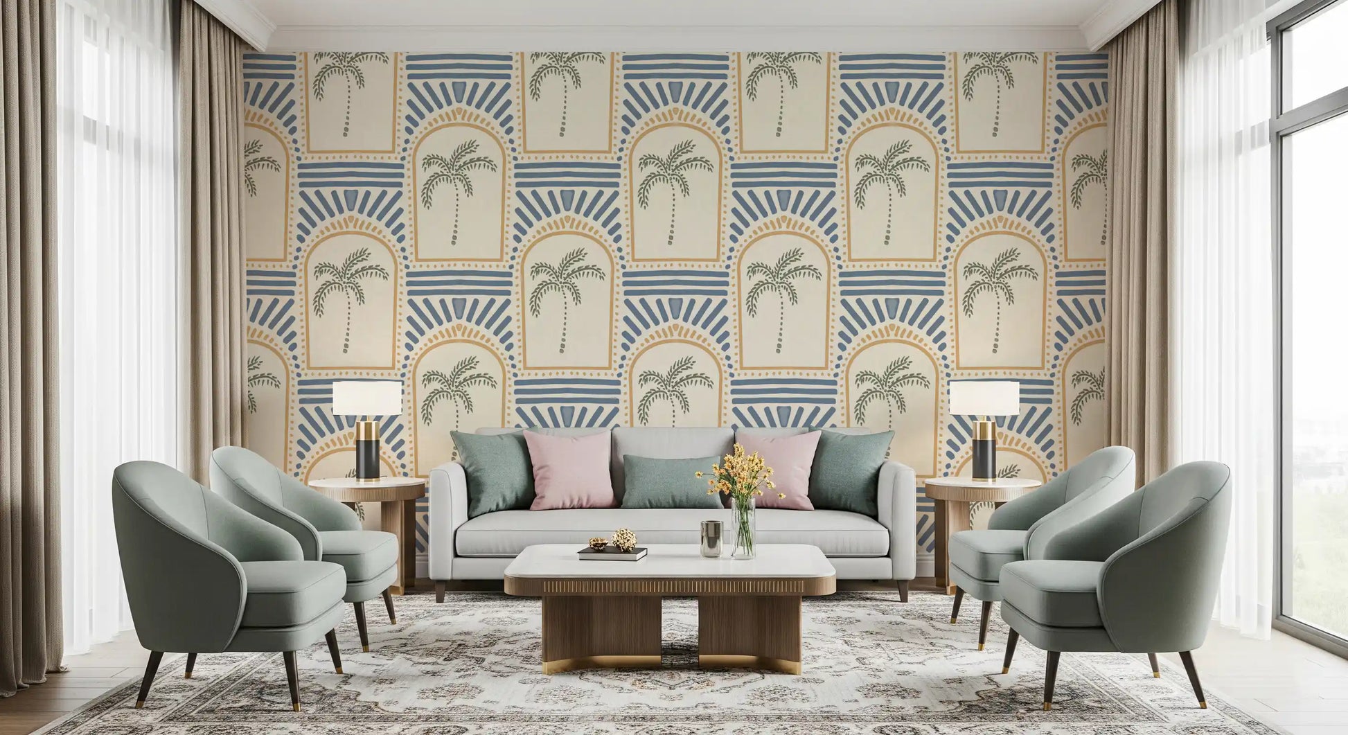 Sand arch outlines circle each sage palm on this Deco wallpaper, slate blue rays above., GD9658