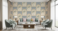 Sand arch outlines circle each sage palm on this Deco wallpaper, slate blue rays above., GD9658