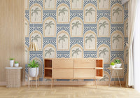 Relaxed lounge view with sand archway wallpaper, sage palms and slate blue rays., GD9658