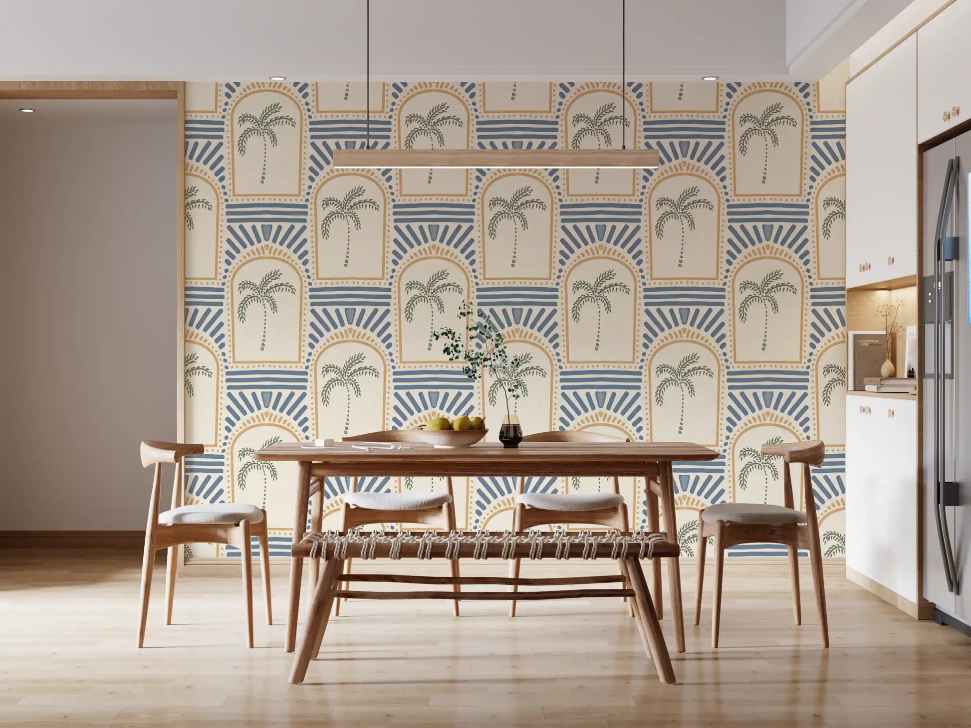 Honey arches surround sage palms, slate blue rays above on this Deco wallpaper., GD9658