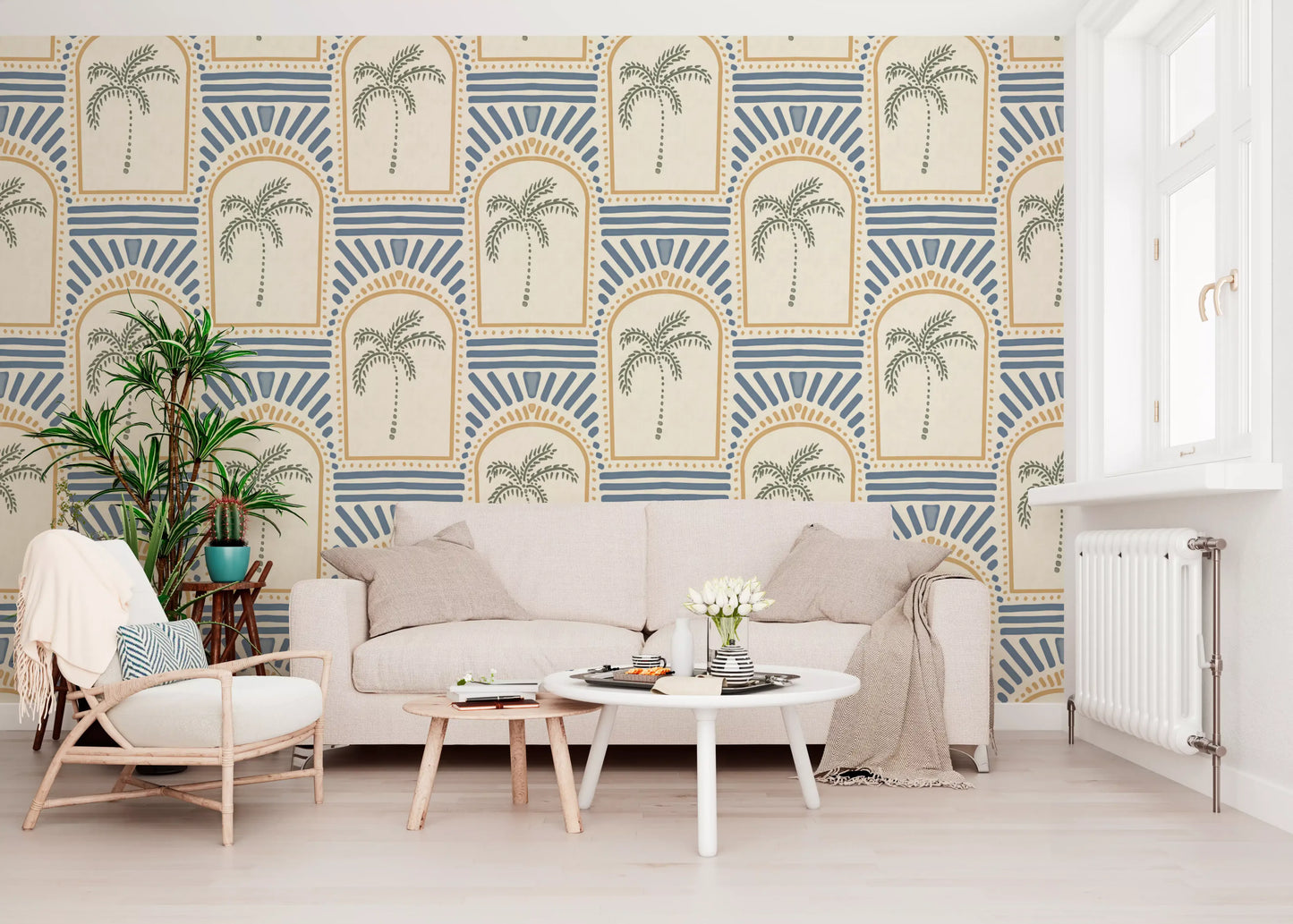 Cosy lounge corner with sand archway wallpaper, sage palms and slate blue rays., GD9658