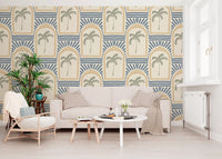 Cosy lounge corner with sand archway wallpaper, sage palms and slate blue rays., GD9658