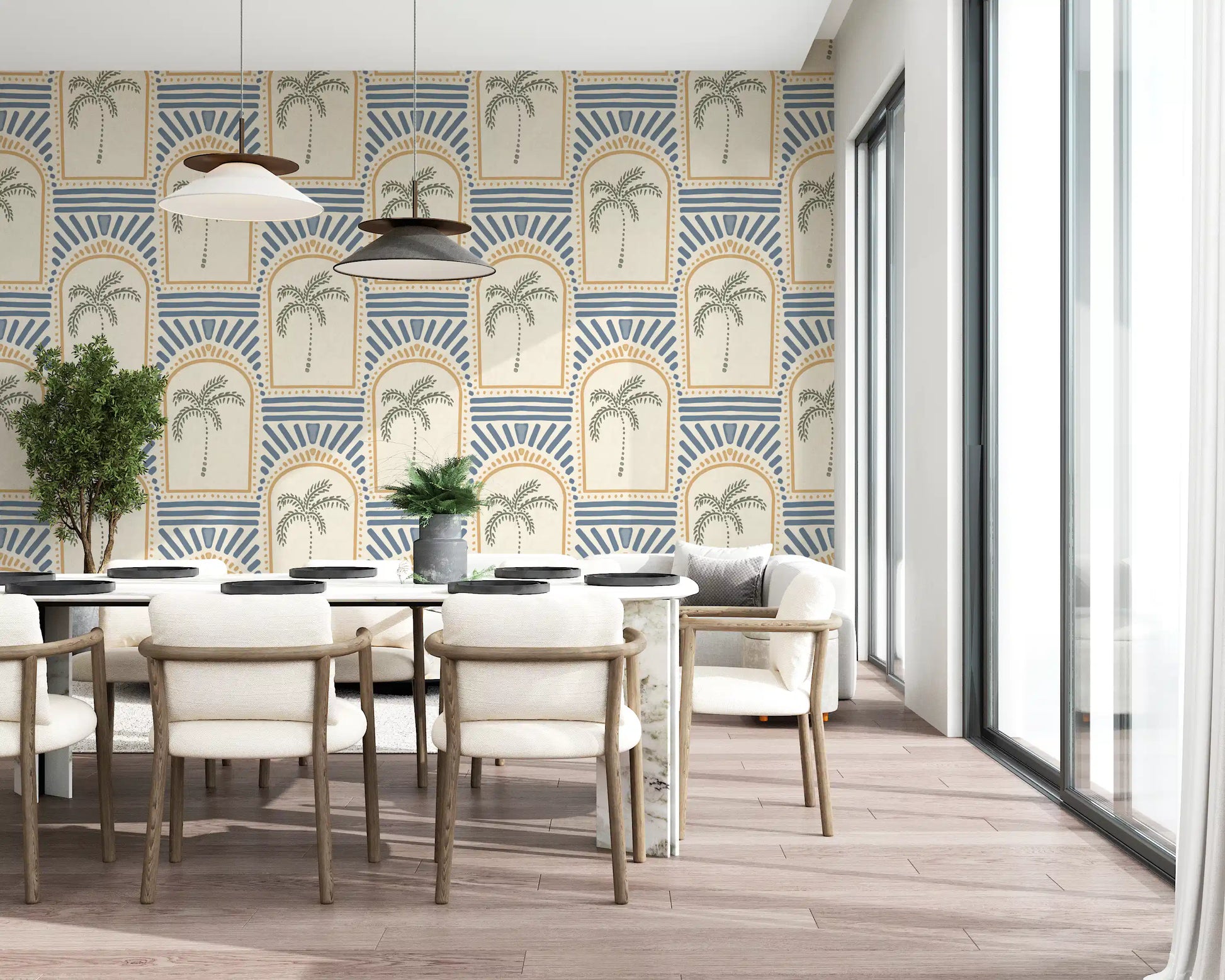 Casual dining view with sand archway wallpaper, sage palms and slate blue rays., GD9658