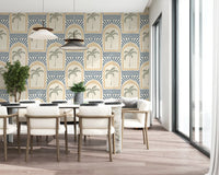 Casual dining view with sand archway wallpaper, sage palms and slate blue rays., GD9658