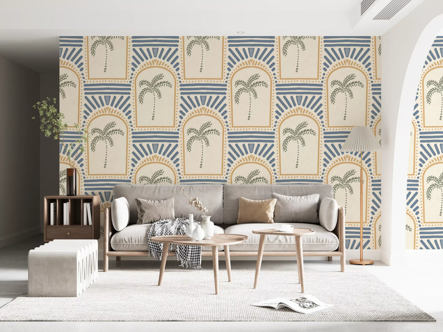 Tall sand archways with sage palms and slate blue rays make up this Deco wallpaper repeat., GD9658