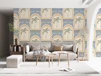Tall sand archways with sage palms and slate blue rays make up this Deco wallpaper repeat., GD9658