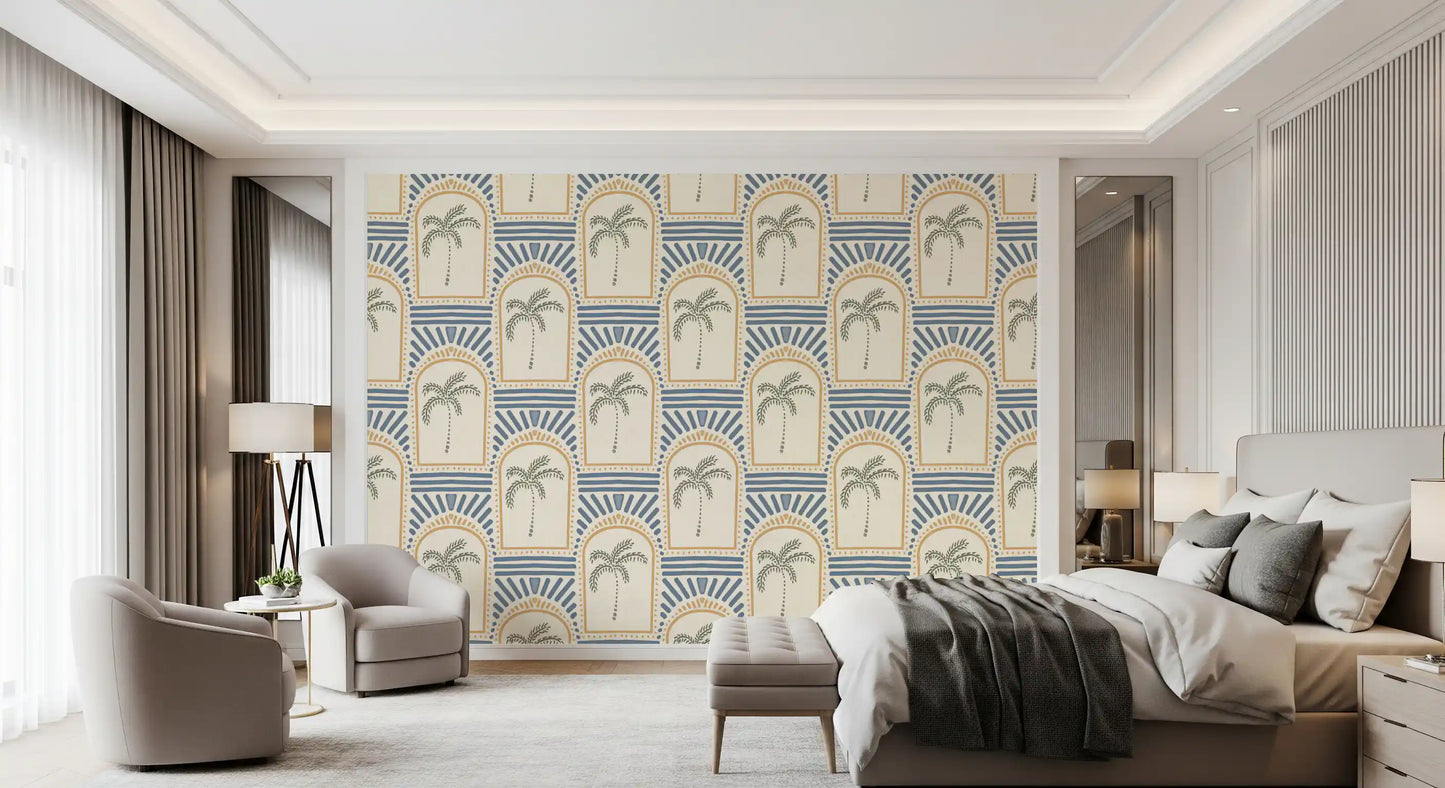 Mediterranean Bedroom with sand archway wallpaper, sage palms and slate blue rays., GD9658