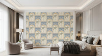 Mediterranean Bedroom with sand archway wallpaper, sage palms and slate blue rays., GD9658
