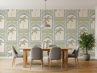 Slate blue archway wallpaper extending along a wide dining room with sage palm motifs.