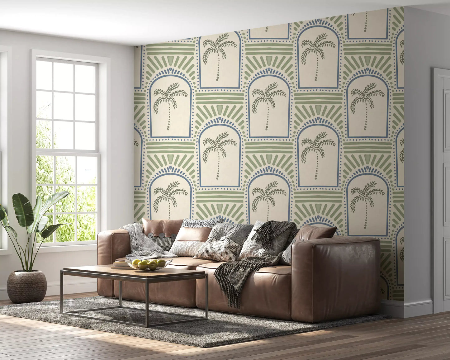 Sage palm trees sit inside slate blue arches on this Deco wallpaper, cream linen ground.