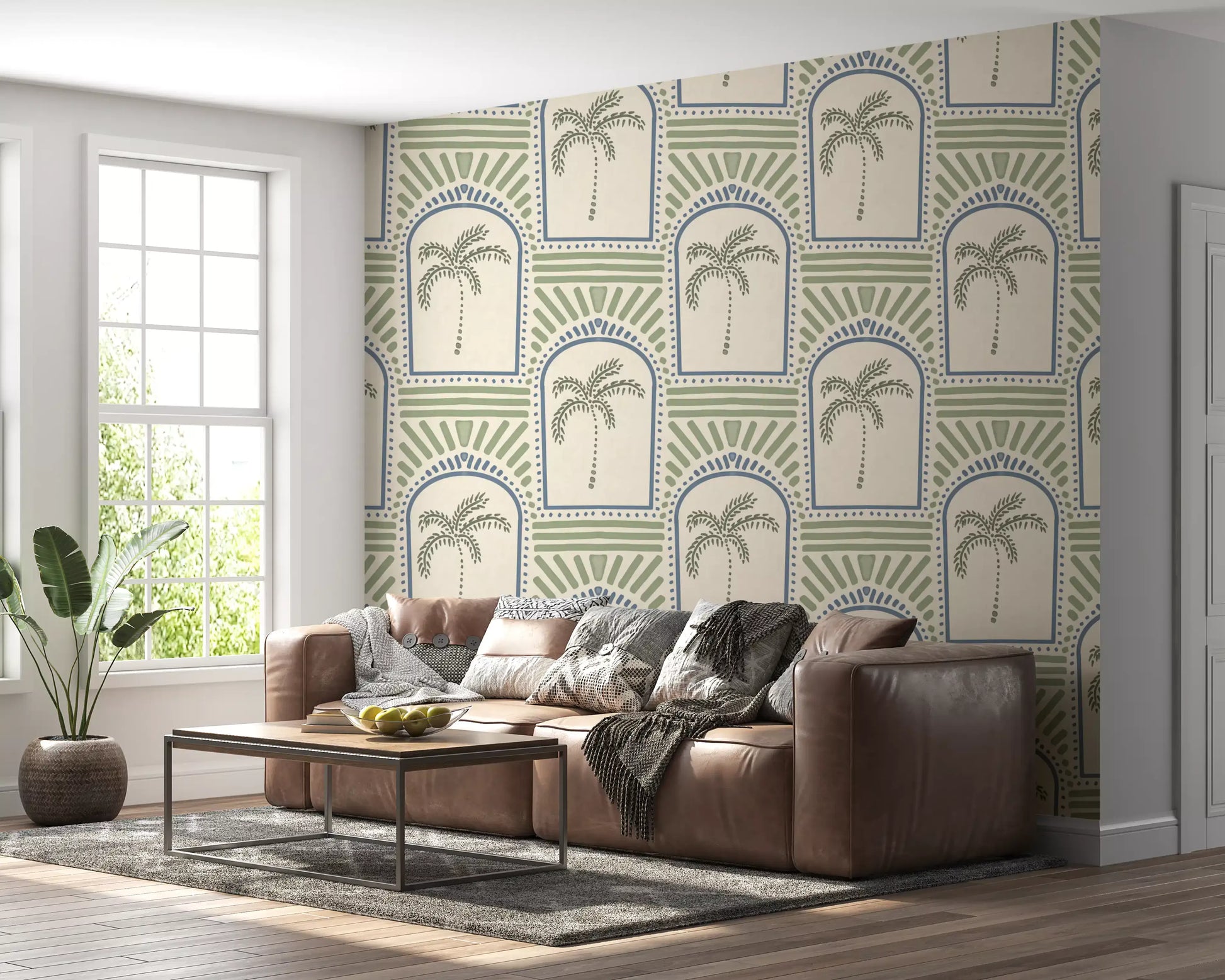 Sage palm trees sit inside slate blue arches on this Deco wallpaper, cream linen ground.