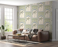 Sage palm trees sit inside slate blue arches on this Deco wallpaper, cream linen ground.