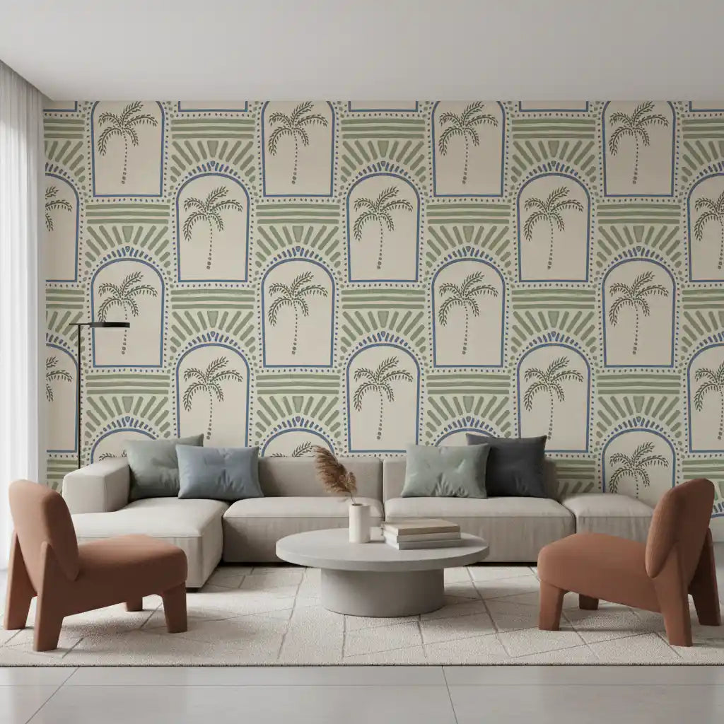 Bright sitting room view with palm archway wallpaper, slate blue arches and sage palms.