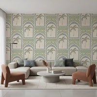 Bright sitting room view with palm archway wallpaper, slate blue arches and sage palms.