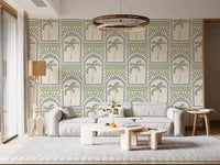 Modern living room with palm archway wallpaper, slate blue arches and sage palms.