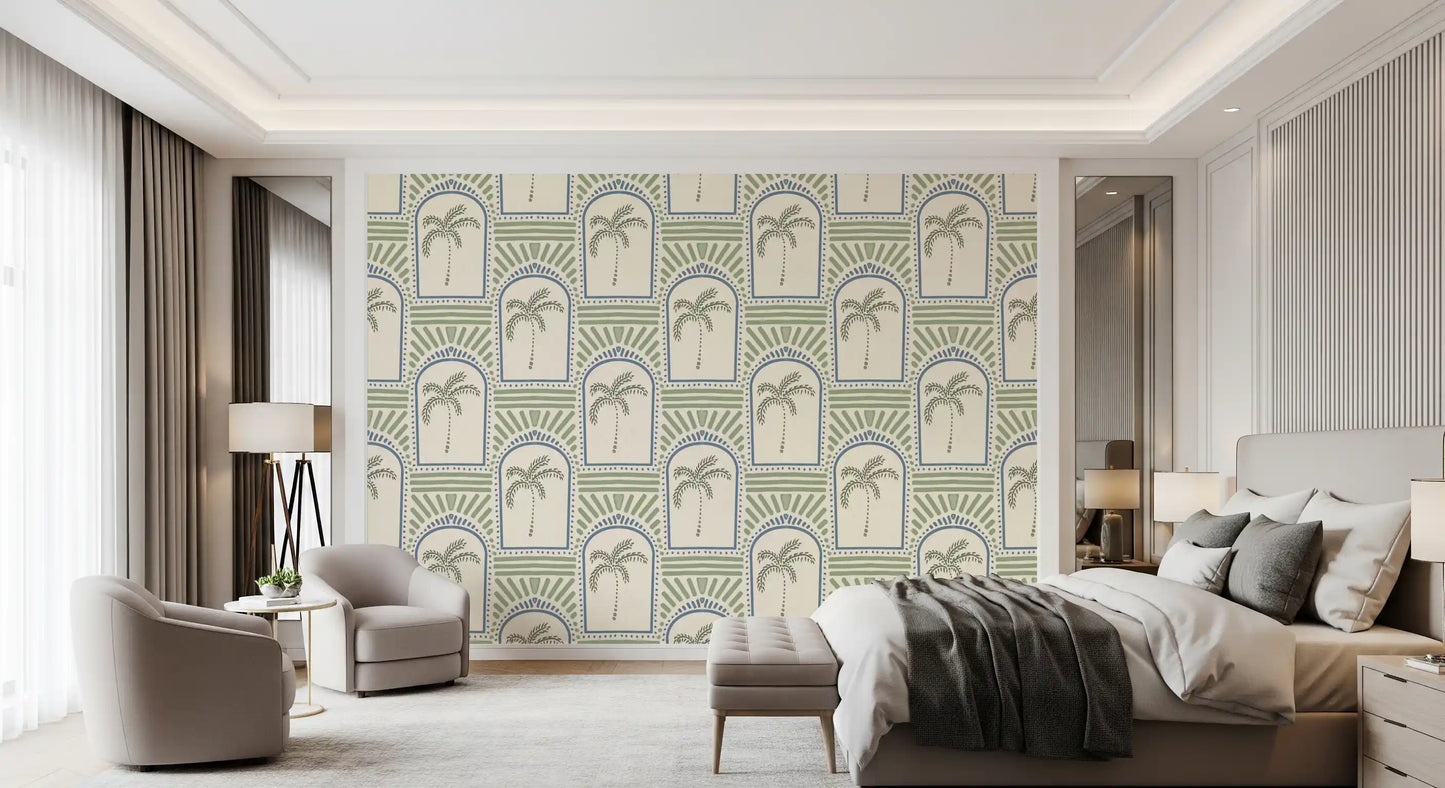 Mediterranean archway with sage palm and slate blue dots, palm Deco wallpaper close view.
