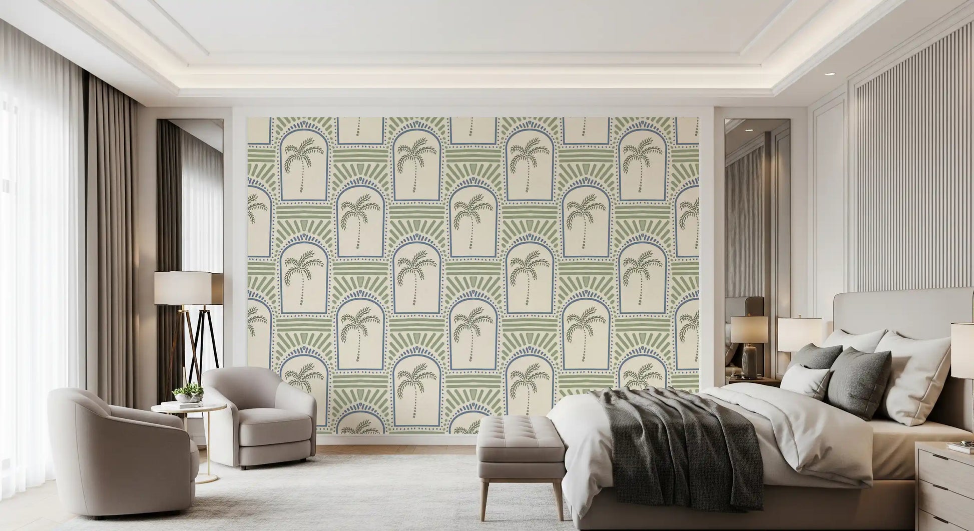 Mediterranean archway with sage palm and slate blue dots, palm Deco wallpaper close view.
