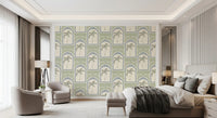 Mediterranean archway with sage palm and slate blue dots, palm Deco wallpaper close view.
