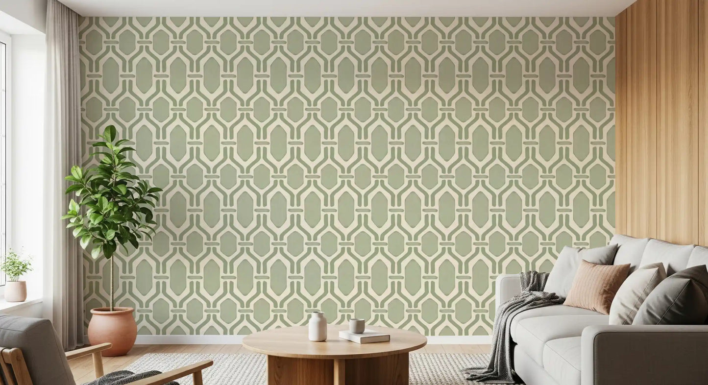 Mellow sage trellis wallpaper bordering a relaxed living room with hex Deco frames., GD9660