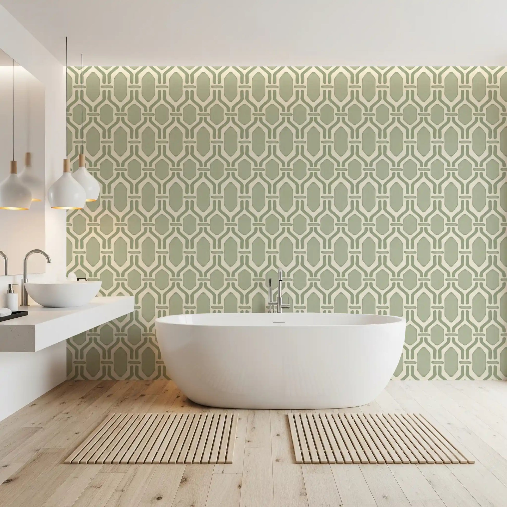 Mossy sage Deco trellis wallpaper fitting along a calm bathroom feature , hex frames., GD9660