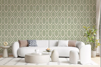 A bright Living room calmed by sage Deco trellis wallpaper, hex frames in cream linen tones., GD9660