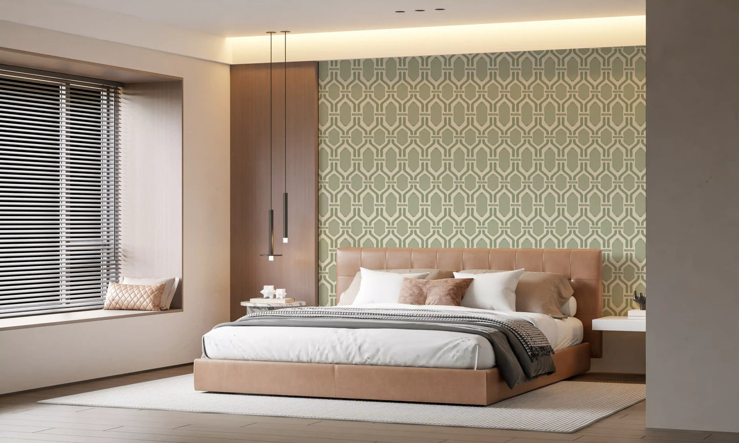 Repeat of hex Deco frames in coastal green trellis wallpaper, paler hex panels visible., GD9660